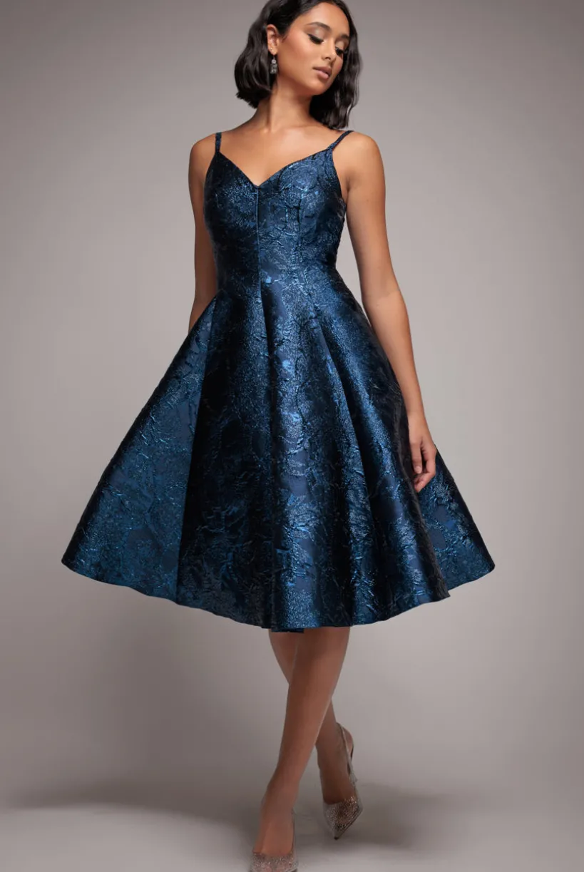 Jacquard Sleeveless A-line Midi Dress - Navy Blue by Goddiva