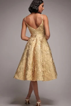 Jacquard Sleeveless A-line Midi Dress - Gold by Goddiva