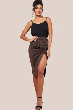 Knot Front Thigh Split Midi Skirt - Bronze by Goddiva