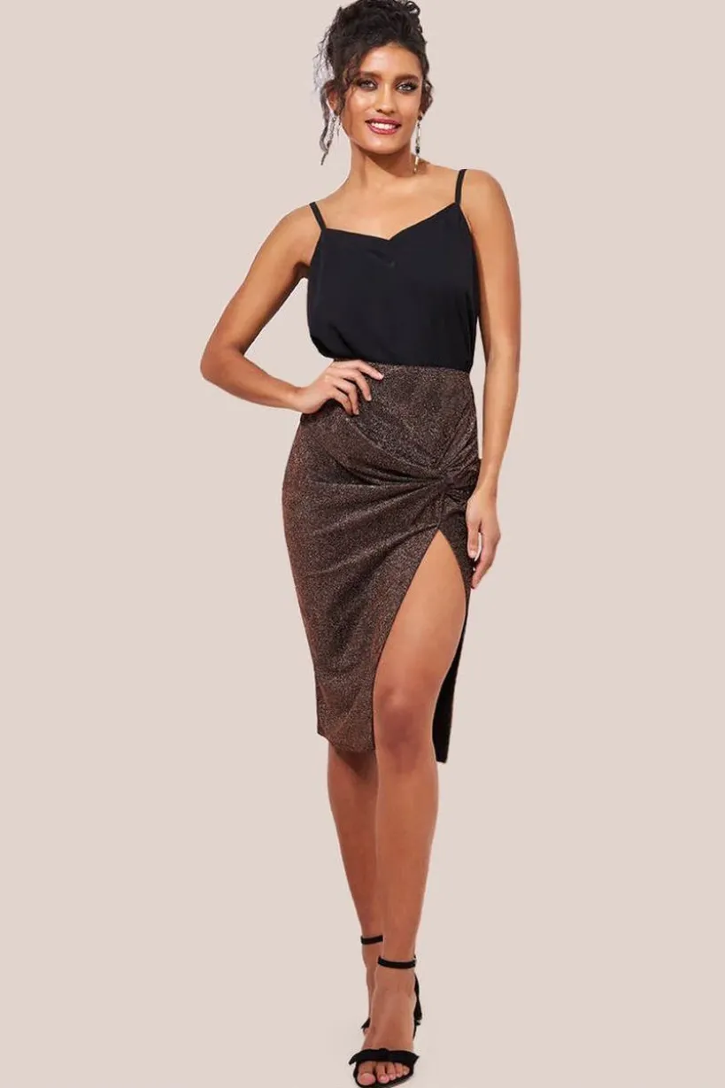 Knot Front Thigh Split Midi Skirt - Bronze by Goddiva
