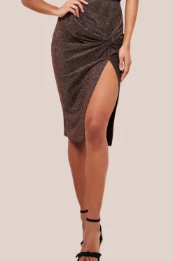 Knot Front Thigh Split Midi Skirt - Bronze by Goddiva