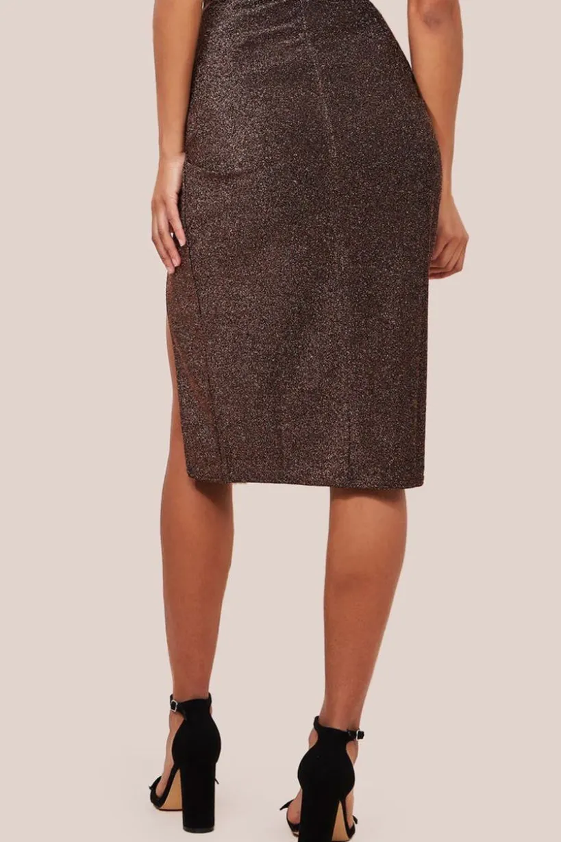 Knot Front Thigh Split Midi Skirt - Bronze by Goddiva