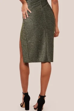 Knot Front Thigh Split Midi Skirt - Gold by Goddiva