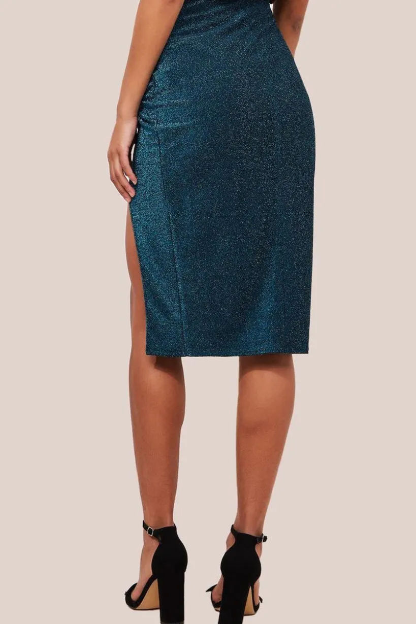 Knot Front Thigh Split Midi Skirt - Blue by Goddiva