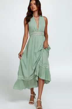 Lace Detail Adjustable Deep V Neckline Maxi Dress In Green by FS Collection