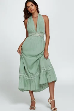 Lace Detail Adjustable Deep V Neckline Maxi Dress In Green by FS Collection