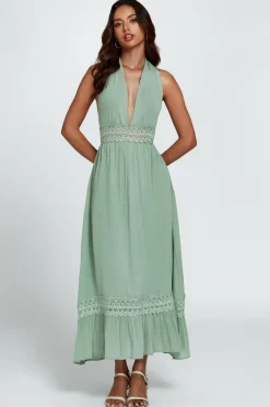 Lace Detail Adjustable Deep V Neckline Maxi Dress In Green by FS Collection