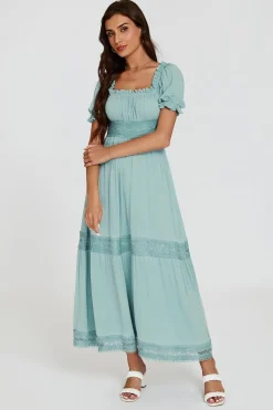 Lace Detail Bardot Maxi Dress In Blue by FS Collection