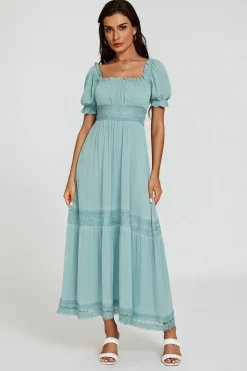 Lace Detail Bardot Maxi Dress In Blue by FS Collection