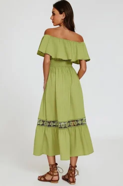 Lace Detail Bardot Maxi Dress In Green by FS Collection