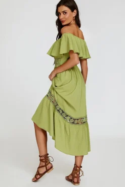 Lace Detail Bardot Maxi Dress In Green by FS Collection
