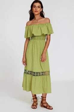 Lace Detail Bardot Maxi Dress In Green by FS Collection