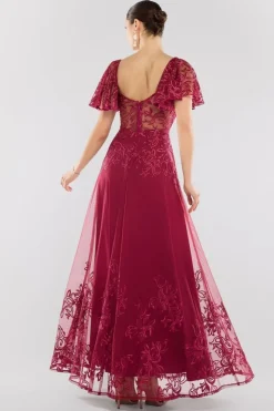 Lace Flutter Sleeve Embroidered Mesh A Line Maxi Dress - Burgundy by Goddiva