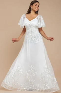 Lace Flutter Sleeve Embroidered Mesh A Line Maxi Dress - White by Goddiva