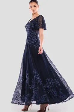 Lace Flutter Sleeve Embroidered Mesh A Line Maxi Dress - Navy Blue by Goddiva