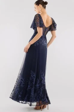 Lace Flutter Sleeve Embroidered Mesh A Line Maxi Dress - Navy Blue by Goddiva