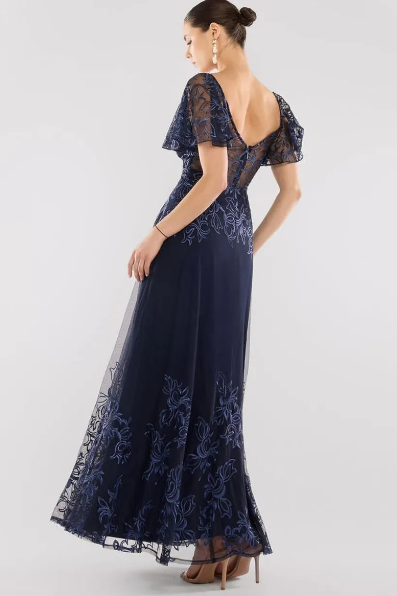 Lace Flutter Sleeve Embroidered Mesh A Line Maxi Dress - Navy Blue by Goddiva