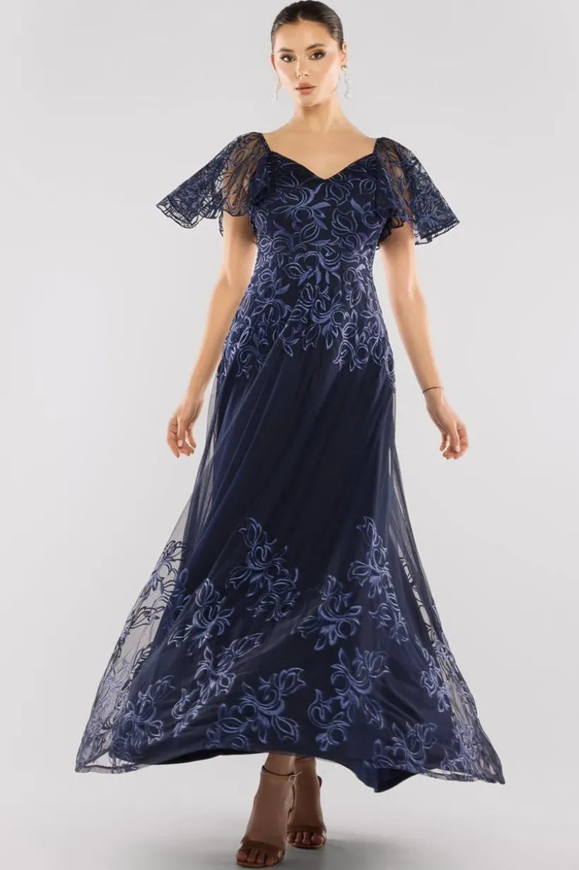 Lace Flutter Sleeve Embroidered Mesh A Line Maxi Dress - Navy Blue by Goddiva