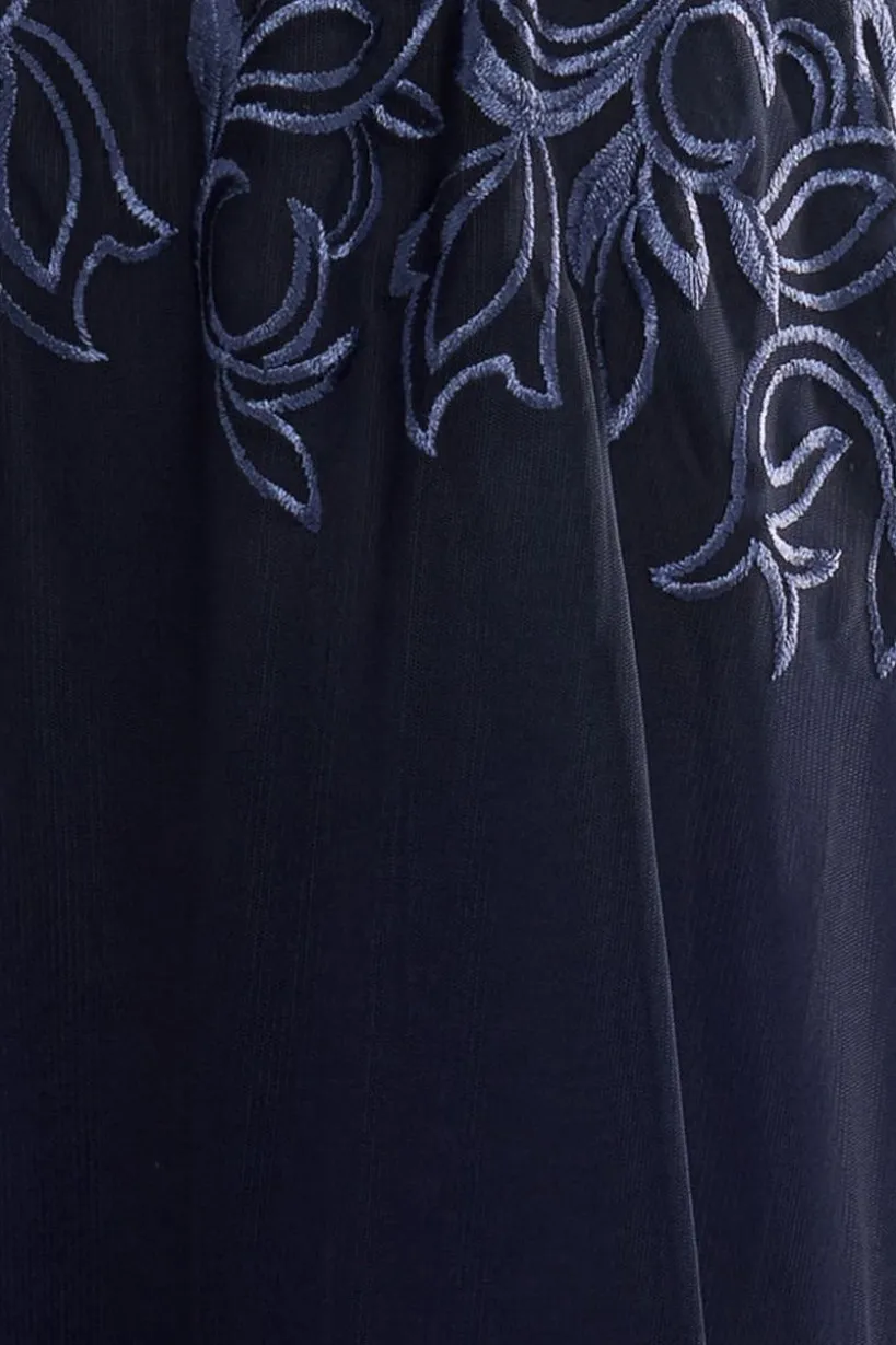 Lace Flutter Sleeve Embroidered Mesh A Line Maxi Dress - Navy Blue by Goddiva
