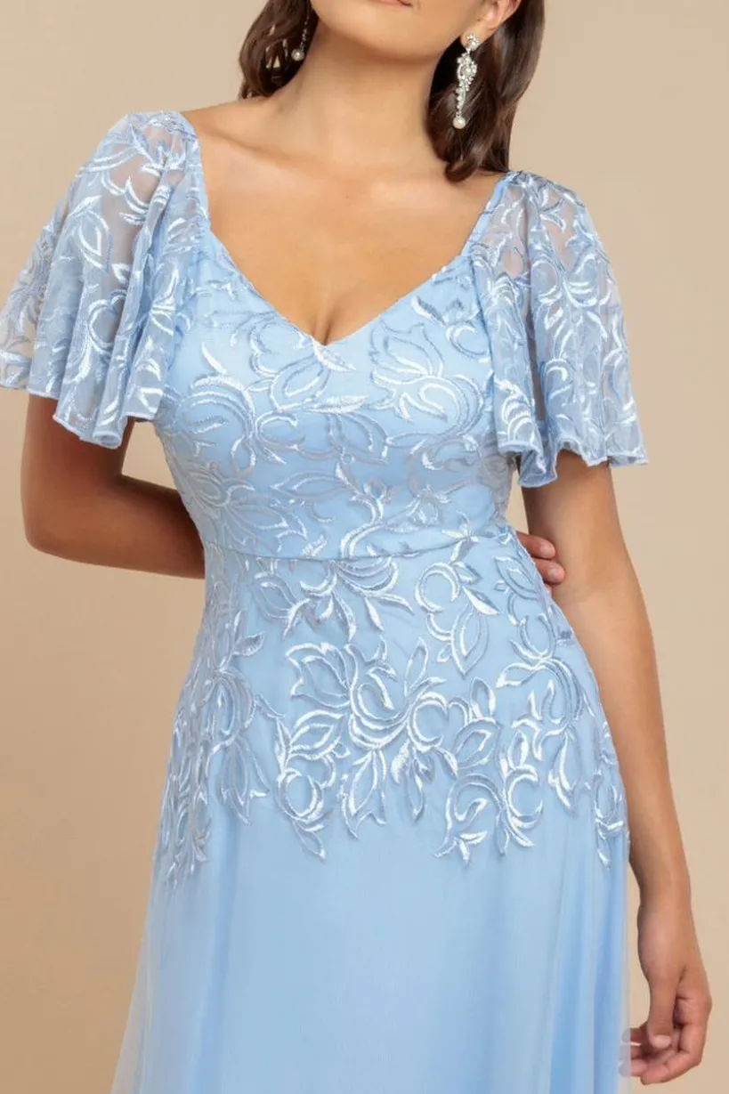 Lace Flutter Sleeve Embroidered Mesh A Line Maxi Dress - Blue by Goddiva