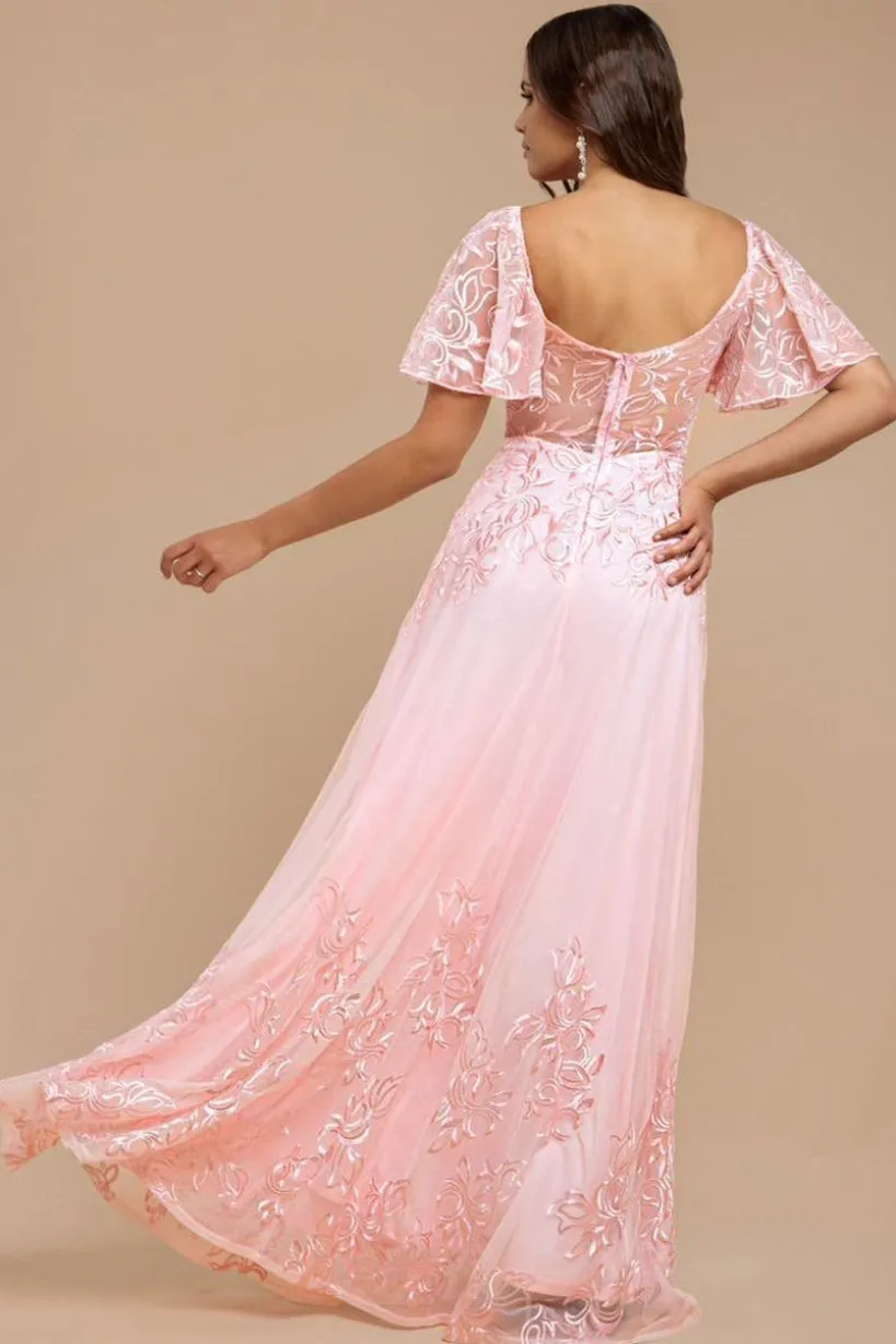 Lace Flutter Sleeve Embroidered Mesh A Line Maxi Dress - Pink by Goddiva