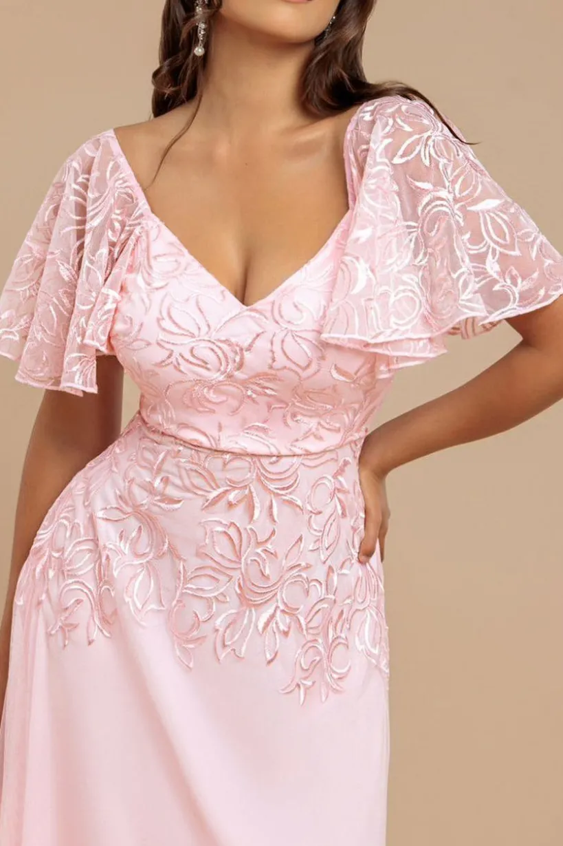 Lace Flutter Sleeve Embroidered Mesh A Line Maxi Dress - Pink by Goddiva