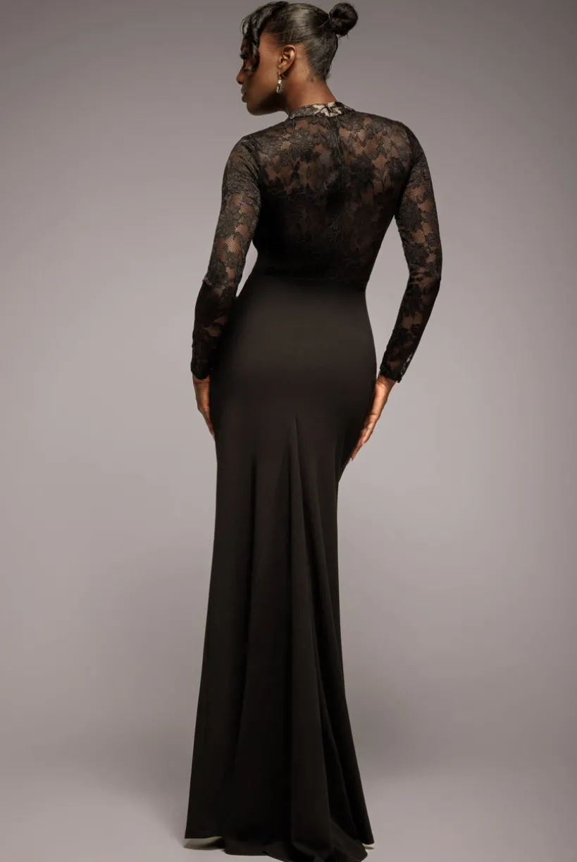 Lace High Neck Sheer Bodice Long Sleeve Maxi Dress - Black by Goddiva