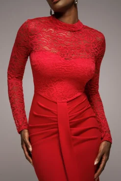 Lace High Neck Sheer Bodice Long Sleeve Maxi Dress - Red by Goddiva