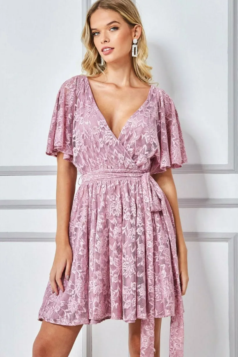 Lace Kimono Wrap Skater Mini Dress - Mauve by Goddiva