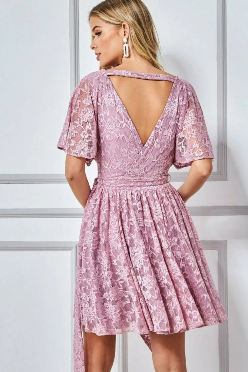 Lace Kimono Wrap Skater Mini Dress - Mauve by Goddiva