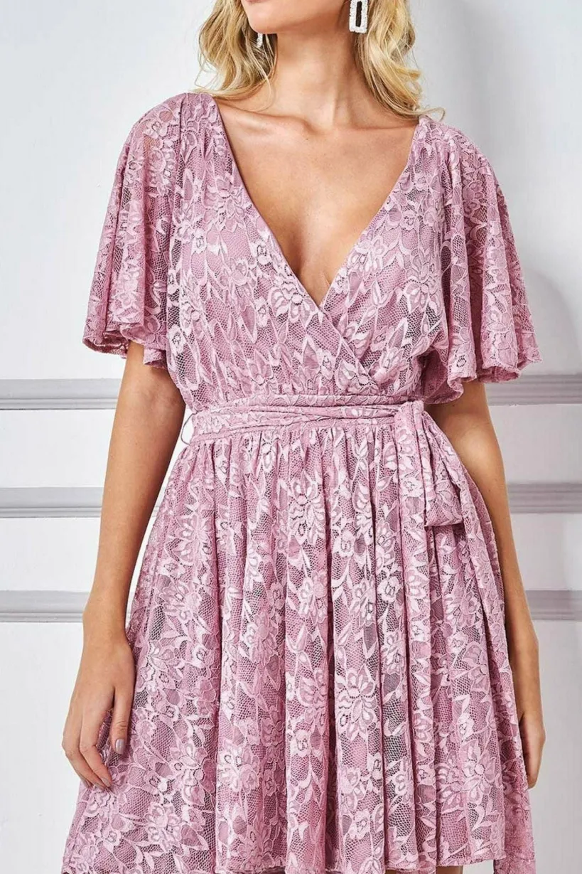 Lace Kimono Wrap Skater Mini Dress - Mauve by Goddiva