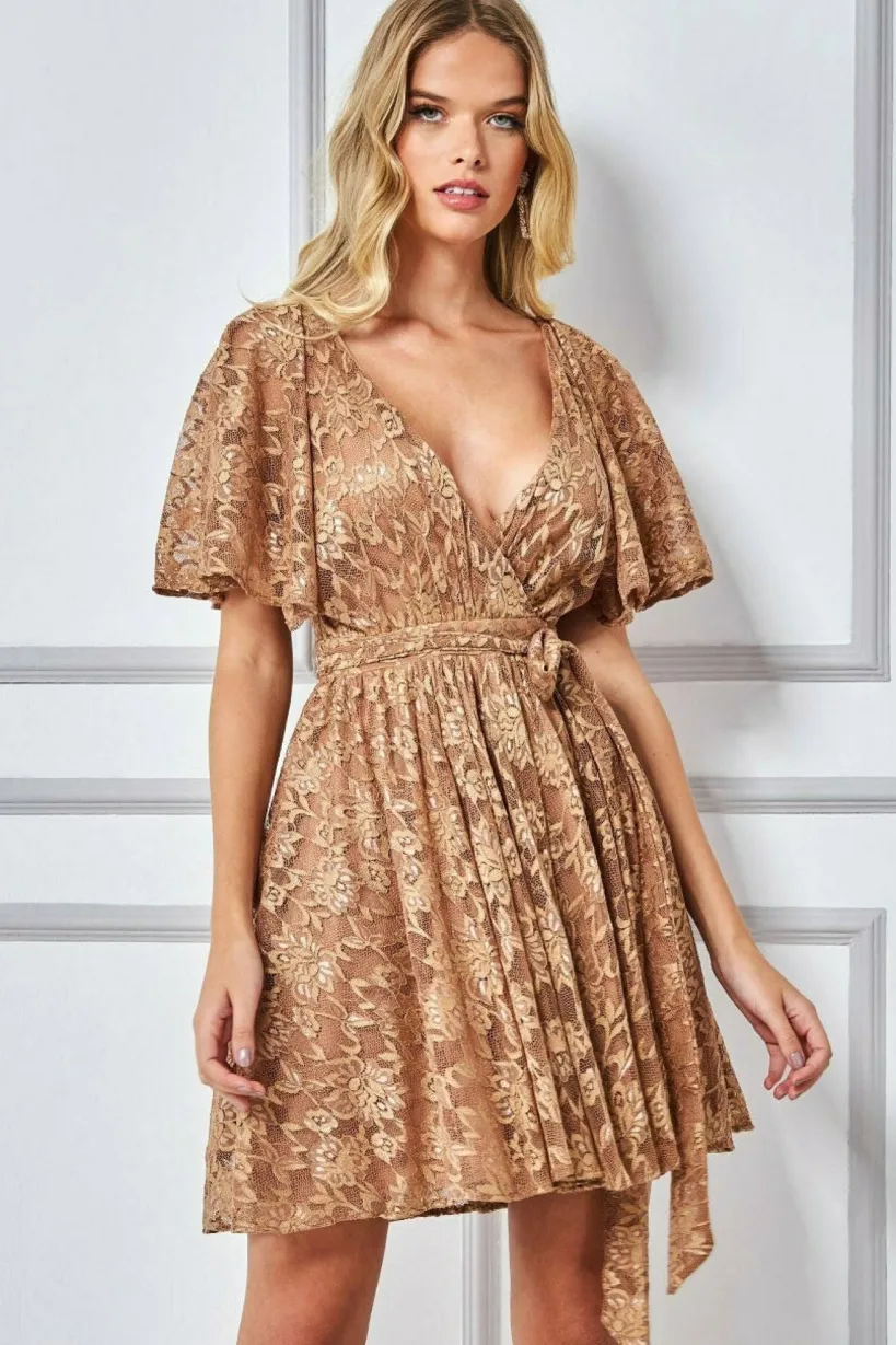 Lace Kimono Wrap Skater Mini Dress - Tan by Goddiva