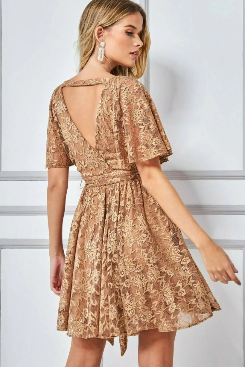 Lace Kimono Wrap Skater Mini Dress - Tan by Goddiva