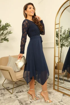Lace Long Sleeve Handkerchief Hem Midi Dress by Double Second