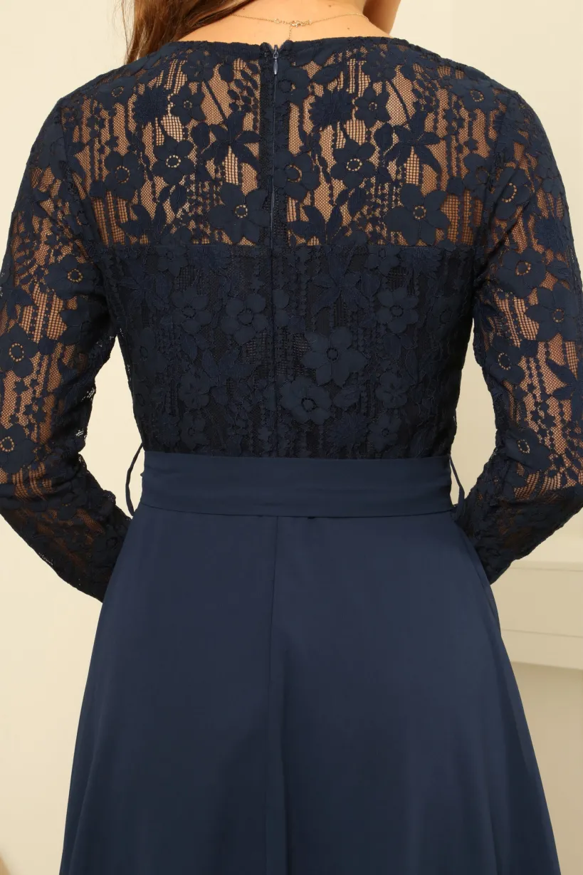 Lace Long Sleeve Handkerchief Hem Midi Dress by Double Second