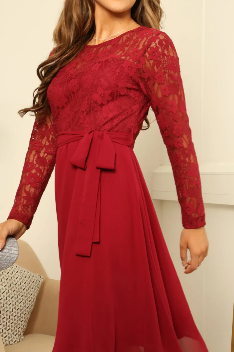 Lace Long Sleeve Handkerchief Hem Midi Dress by Double Second
