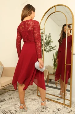 Lace Long Sleeve Handkerchief Hem Midi Dress by Double Second