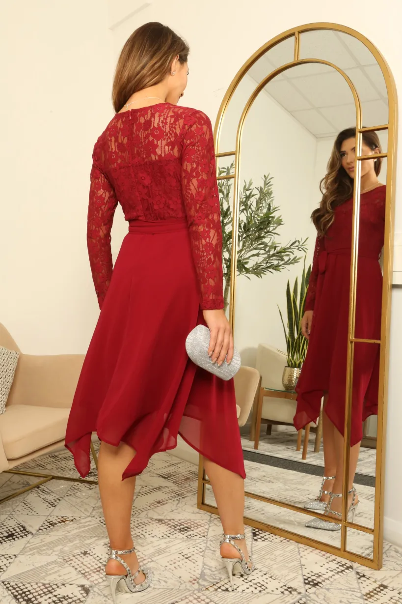 Lace Long Sleeve Handkerchief Hem Midi Dress by Double Second