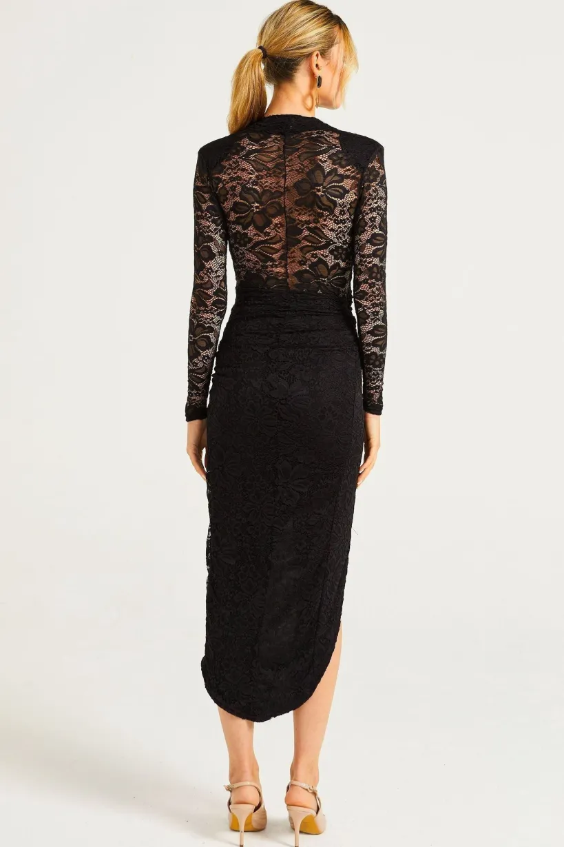 Lace Plunge Neck Faux Wrap Midi Dress In Black by Angeleye