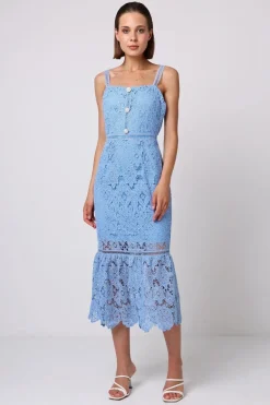 Lace Sleeveless Dress With Ruffle Hem In Blue by Angeleye