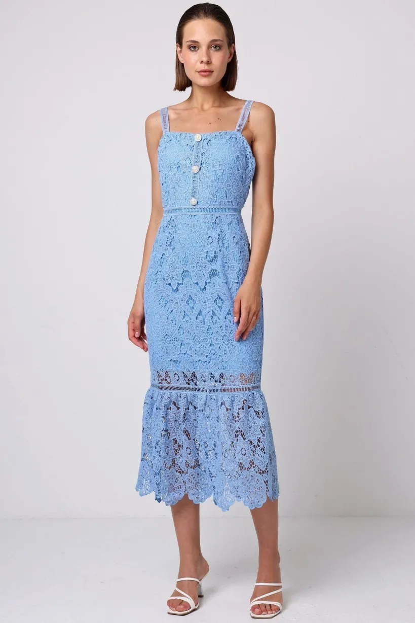 Lace Sleeveless Dress With Ruffle Hem In Blue by Angeleye