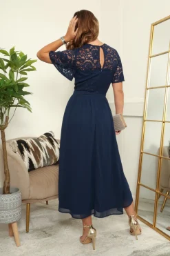 Lace Top Chiffon Skirt Midi Dress by Double Second