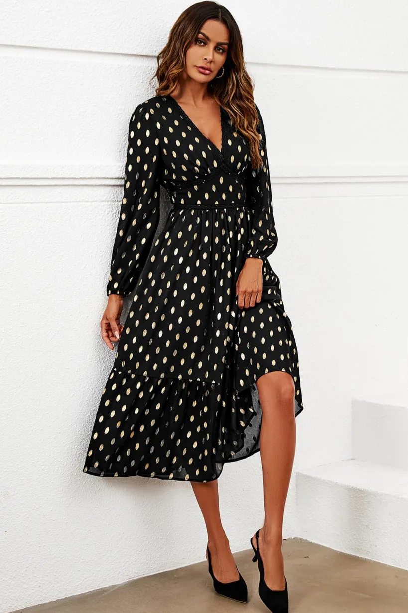 Lace Trim Foil Long Sleeve Maxi Dress In Black by FS Collection