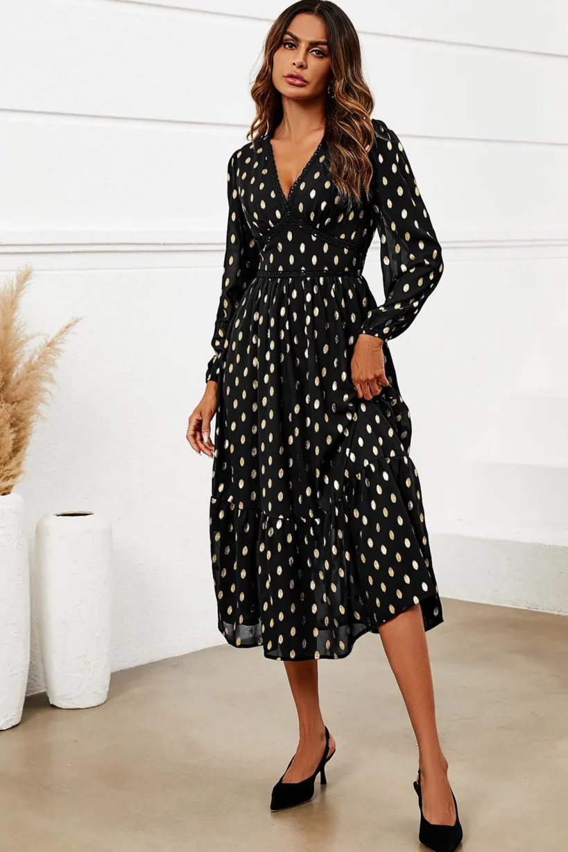 Lace Trim Foil Long Sleeve Maxi Dress In Black by FS Collection