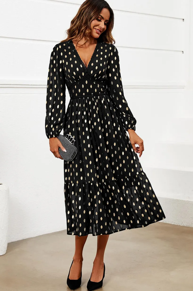 Lace Trim Foil Long Sleeve Maxi Dress In Black by FS Collection