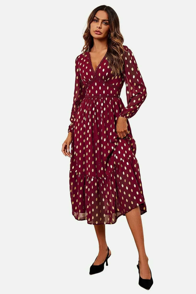 Lace Trim Foil Long Sleeve Maxi Dress In Wine by FS Collection