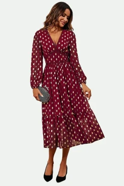 Lace Trim Foil Long Sleeve Maxi Dress In Wine by FS Collection