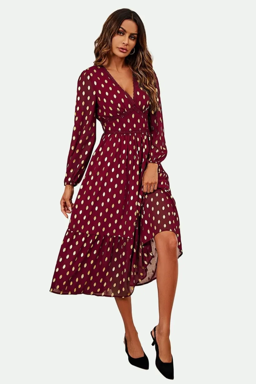 Lace Trim Foil Long Sleeve Maxi Dress In Wine by FS Collection