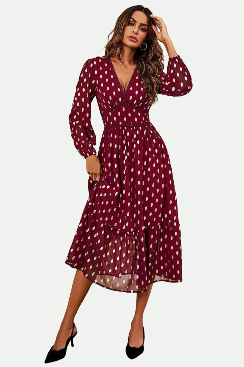Lace Trim Foil Long Sleeve Maxi Dress In Wine by FS Collection