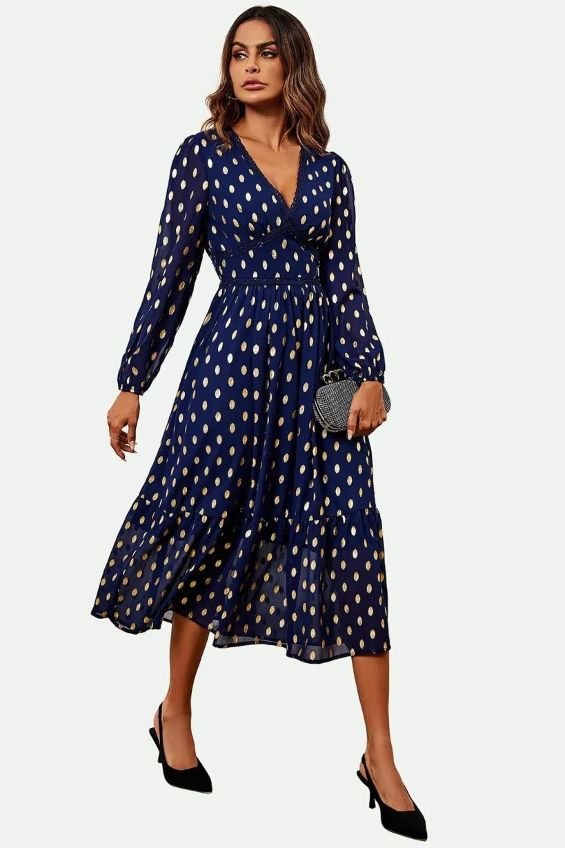Lace Trim Foil Long Sleeve Maxi Dress In Navy by FS Collection